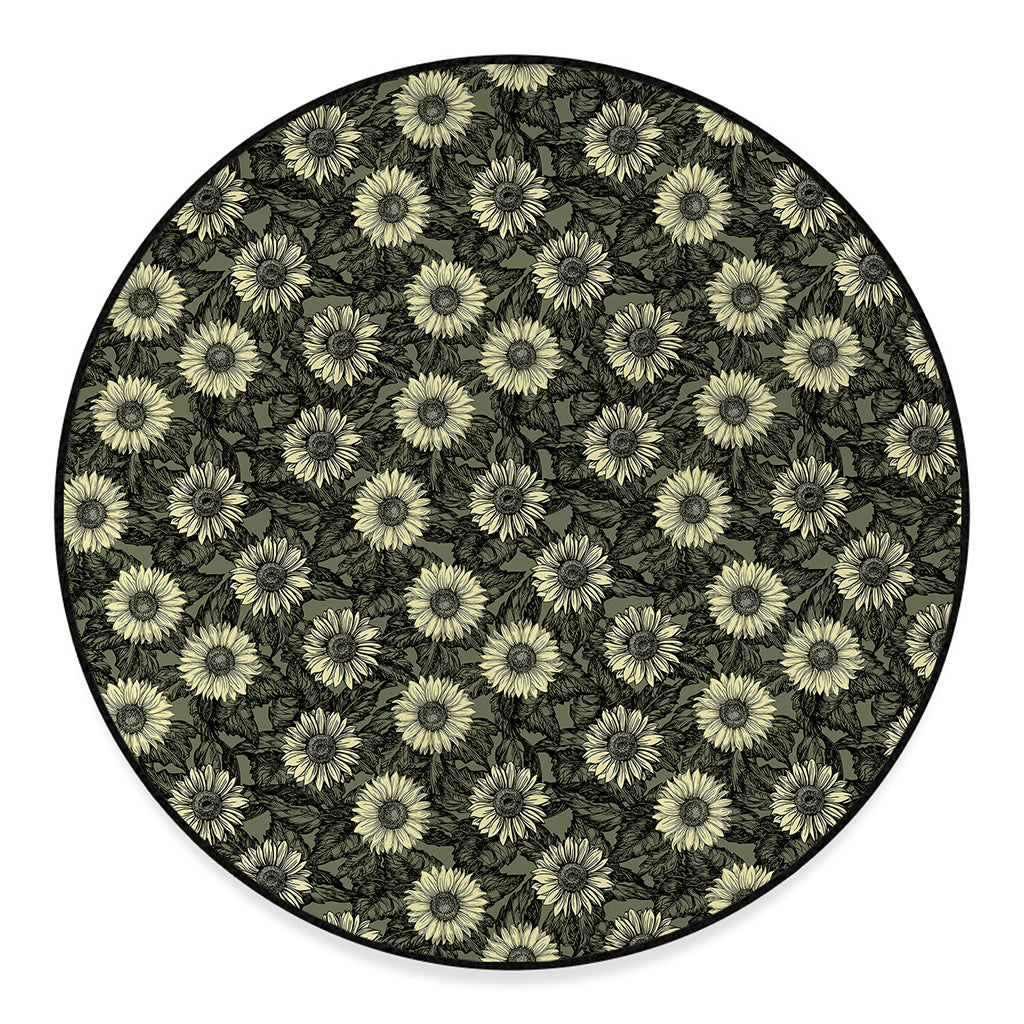 Dark Sunflower Pattern Print Round Floor Mat