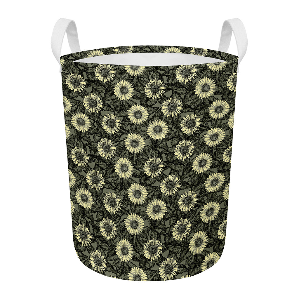 Dark Sunflower Pattern Print Round Laundry Basket