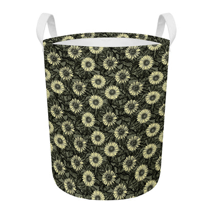 Dark Sunflower Pattern Print Round Laundry Basket