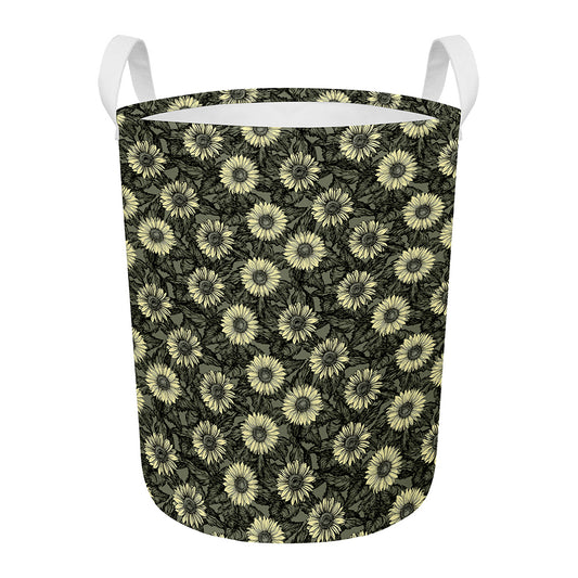 Dark Sunflower Pattern Print Round Laundry Basket