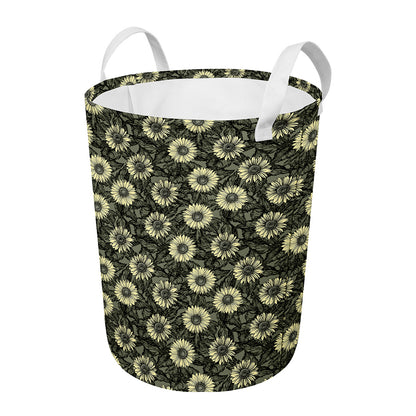Dark Sunflower Pattern Print Round Laundry Basket