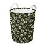 Dark Sunflower Pattern Print Round Laundry Basket