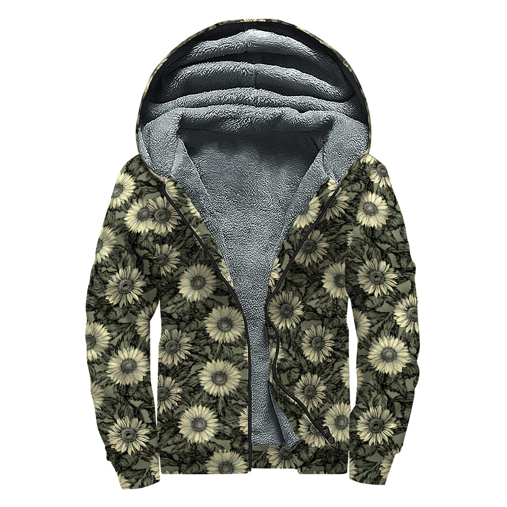 Dark Sunflower Pattern Print Sherpa Lined Zip Up Hoodie