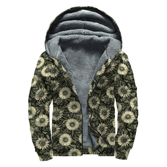 Dark Sunflower Pattern Print Sherpa Lined Zip Up Hoodie