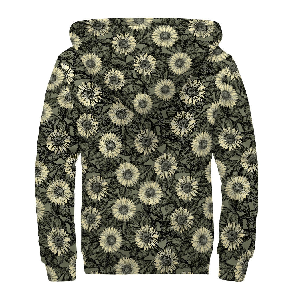 Dark Sunflower Pattern Print Sherpa Lined Zip Up Hoodie