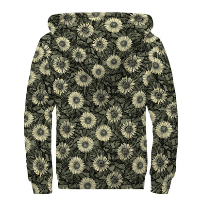 Dark Sunflower Pattern Print Sherpa Lined Zip Up Hoodie