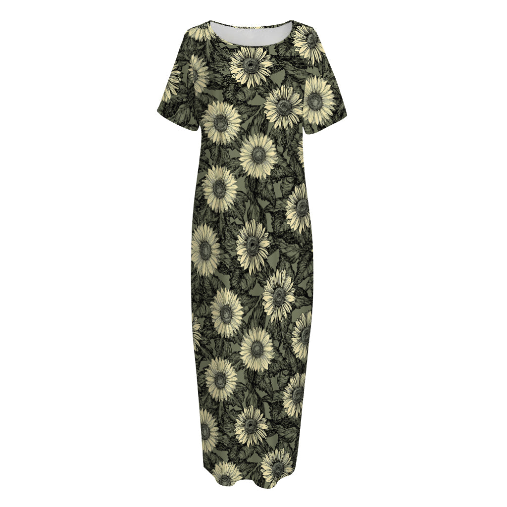 Dark Sunflower Pattern Print Short Sleeve Long Nightdress