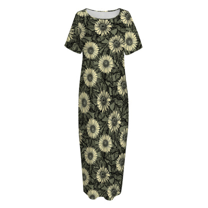 Dark Sunflower Pattern Print Short Sleeve Long Nightdress