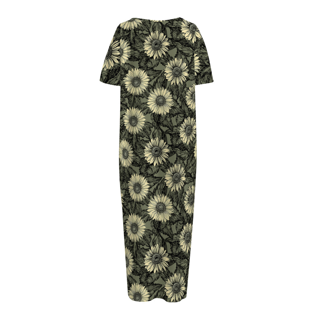 Dark Sunflower Pattern Print Short Sleeve Long Nightdress