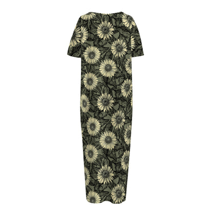 Dark Sunflower Pattern Print Short Sleeve Long Nightdress