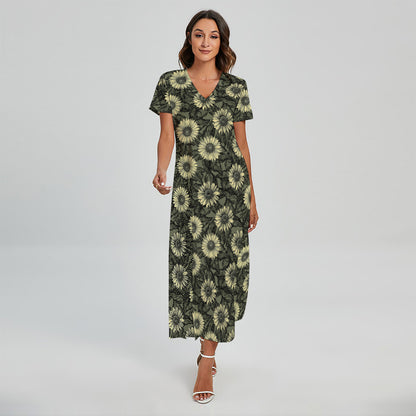 Dark Sunflower Pattern Print Short Sleeve Maxi Dress
