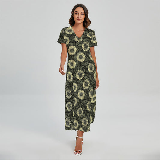 Dark Sunflower Pattern Print Short Sleeve Maxi Dress