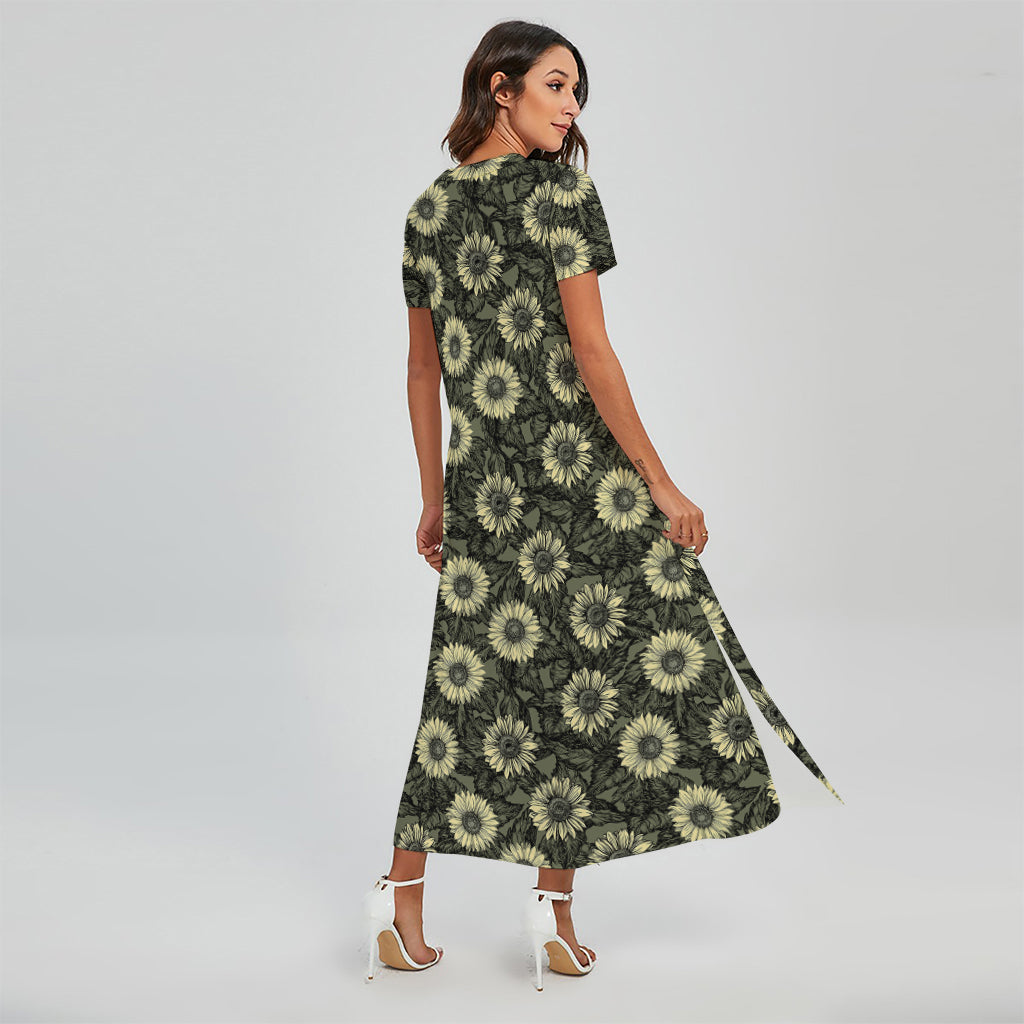 Dark Sunflower Pattern Print Short Sleeve Maxi Dress