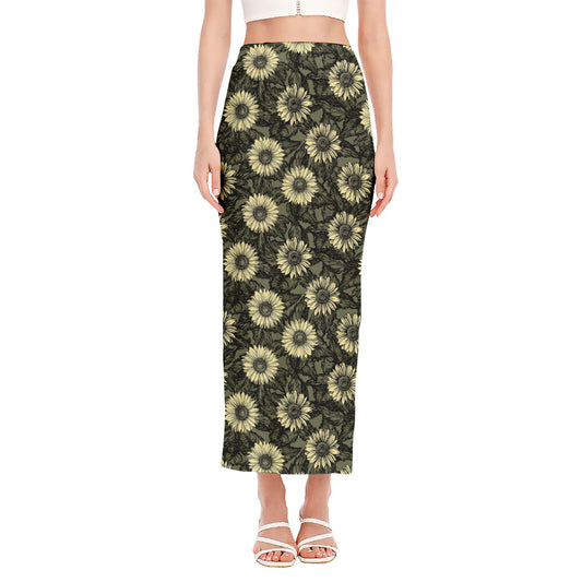 Dark Sunflower Pattern Print Side Slit Maxi Skirt