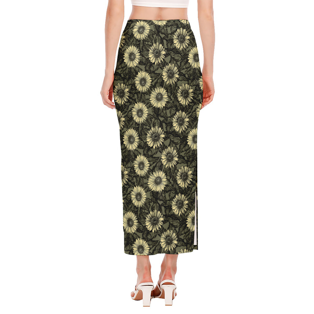 Dark Sunflower Pattern Print Side Slit Maxi Skirt