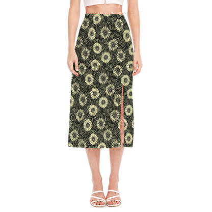 Dark Sunflower Pattern Print Side Slit Midi Skirt