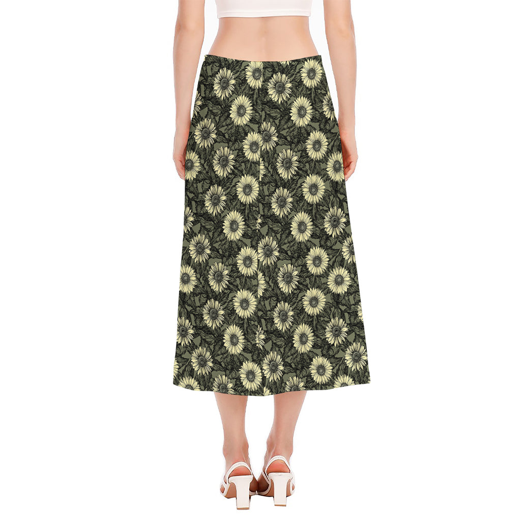 Dark Sunflower Pattern Print Side Slit Midi Skirt