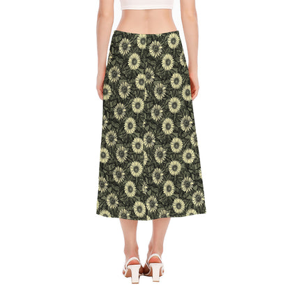 Dark Sunflower Pattern Print Side Slit Midi Skirt