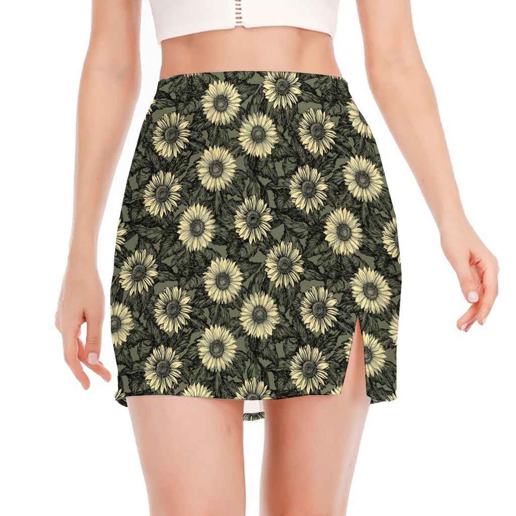 Dark Sunflower Pattern Print Side Slit Mini Skirt