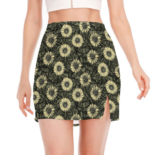 Dark Sunflower Pattern Print Side Slit Mini Skirt