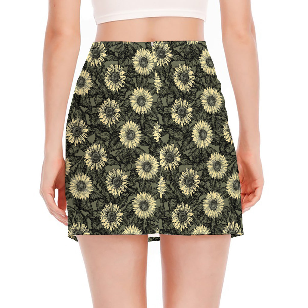 Dark Sunflower Pattern Print Side Slit Mini Skirt