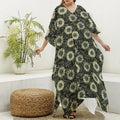 Dark Sunflower Pattern Print Silk V-Neck Kaftan Dress