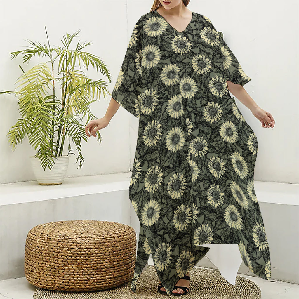 Dark Sunflower Pattern Print Silk V-Neck Kaftan Dress