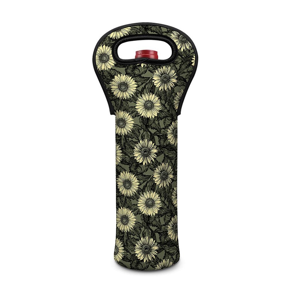 Dark Sunflower Pattern Print Single Neoprene Wine Tote