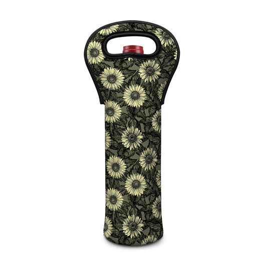 Dark Sunflower Pattern Print Single Neoprene Wine Tote