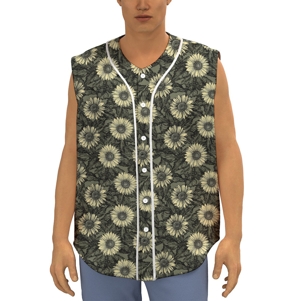 Dark Sunflower Pattern Print Sleeveless Baseball Jersey