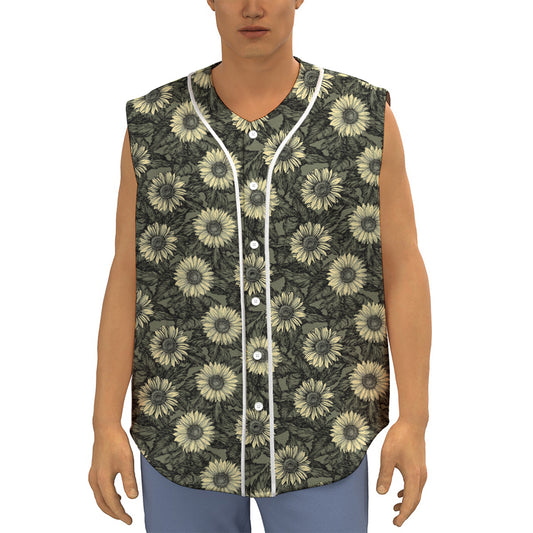 Dark Sunflower Pattern Print Sleeveless Baseball Jersey