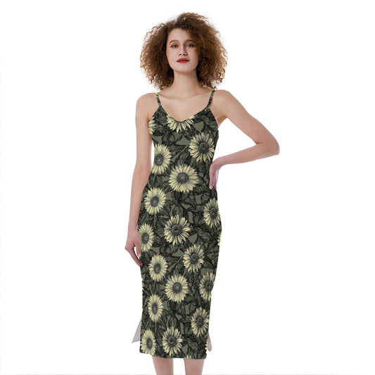 Dark Sunflower Pattern Print Slim Fit Midi Cami Dress