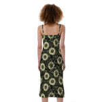 Dark Sunflower Pattern Print Slim Fit Midi Cami Dress