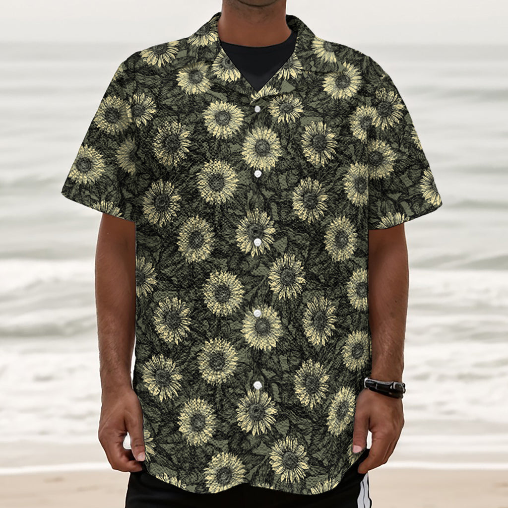 Dark Sunflower Pattern Print Textured Short Sleeve Shirt