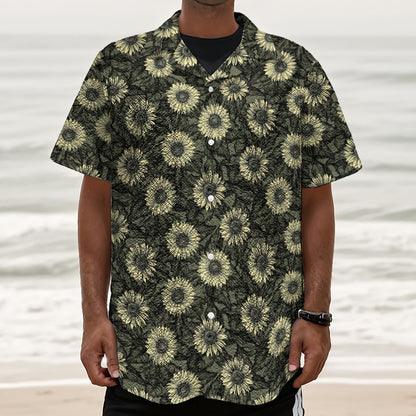 Dark Sunflower Pattern Print Textured Short Sleeve Shirt