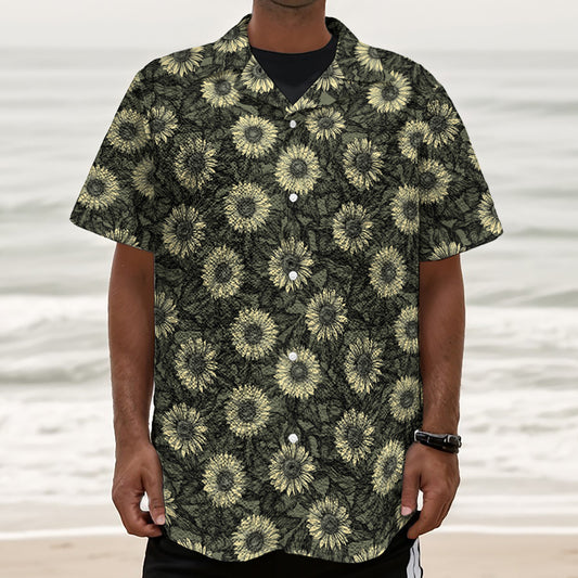 Dark Sunflower Pattern Print Textured Short Sleeve Shirt
