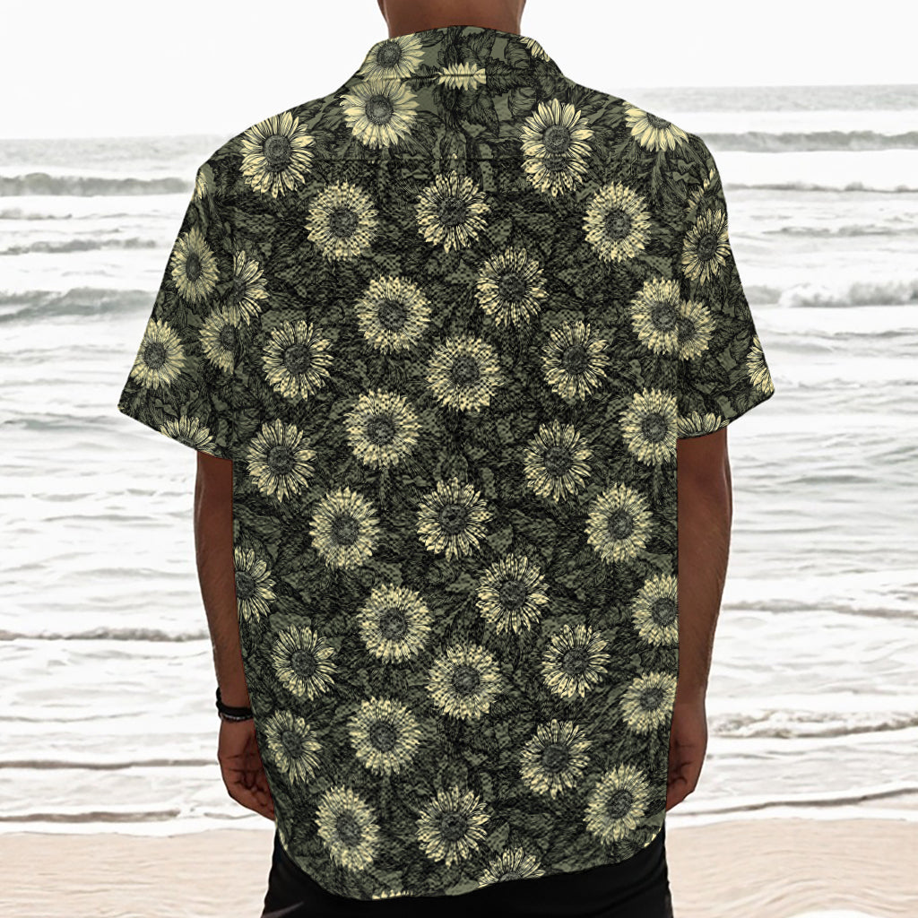 Dark Sunflower Pattern Print Textured Short Sleeve Shirt