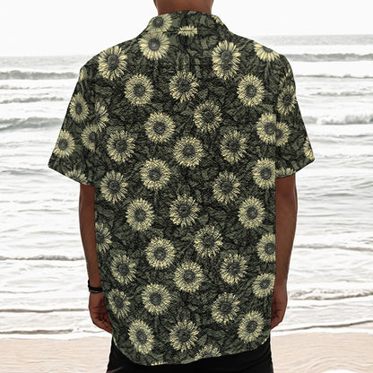 Dark Sunflower Pattern Print Textured Short Sleeve Shirt