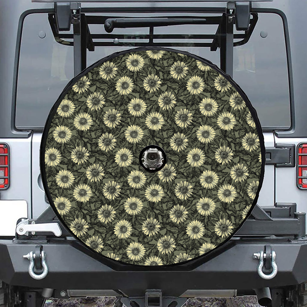 Dark Sunflower Pattern Print Tire Cover With Camera Hole