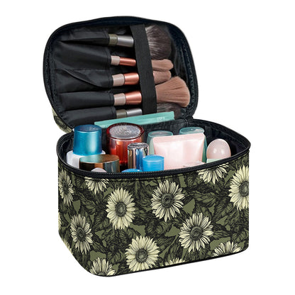 Dark Sunflower Pattern Print Travel Makeup Bag