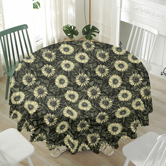 Dark Sunflower Pattern Print Waterproof Round Tablecloth