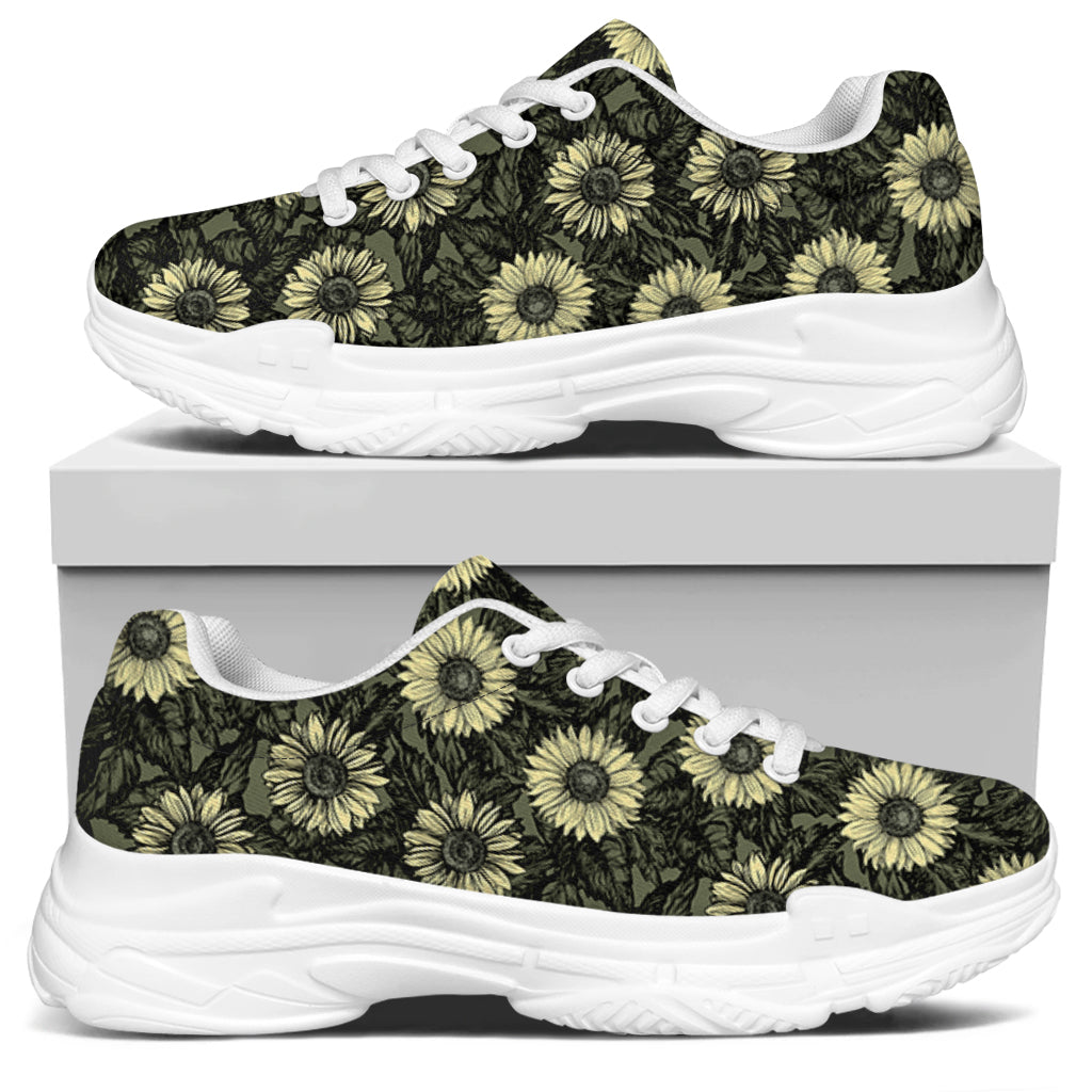 Dark Sunflower Pattern Print White Chunky Shoes