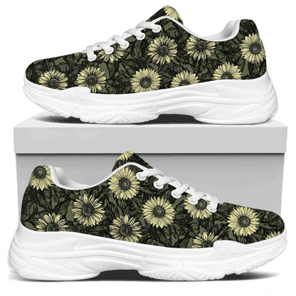 Dark Sunflower Pattern Print White Chunky Shoes