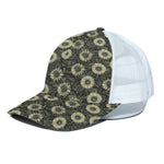Dark Sunflower Pattern Print White Mesh Trucker Cap
