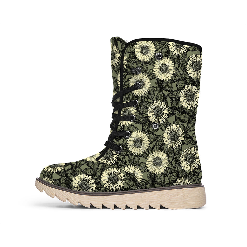Dark Sunflower Pattern Print Winter Boots