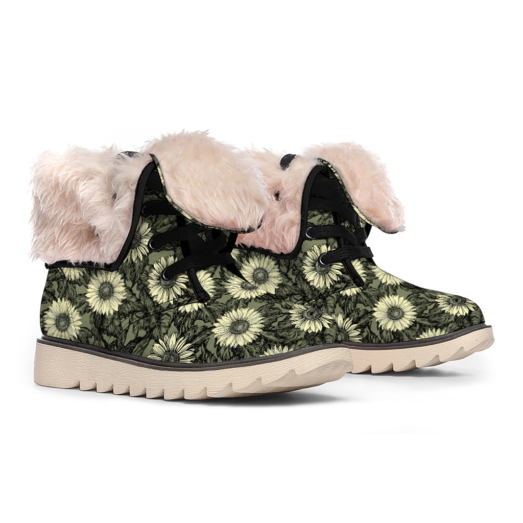 Dark Sunflower Pattern Print Winter Boots