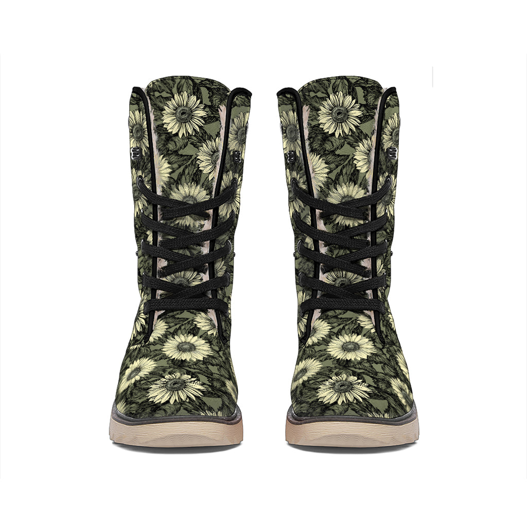 Dark Sunflower Pattern Print Winter Boots