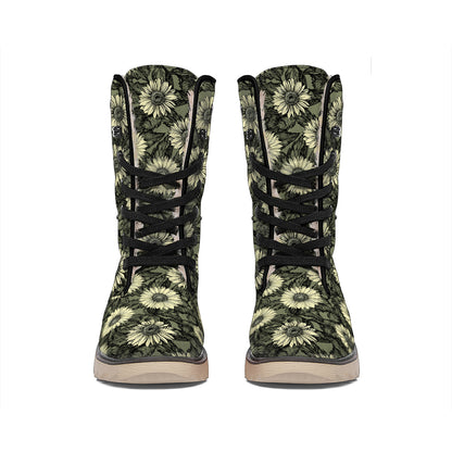 Dark Sunflower Pattern Print Winter Boots