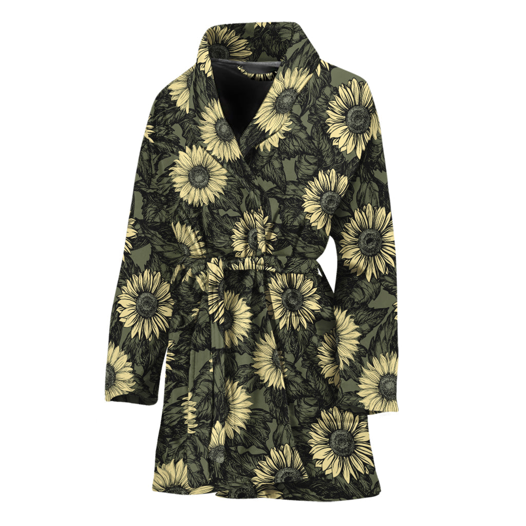 Dark Sunflower Pattern Print Women's Bathrobe