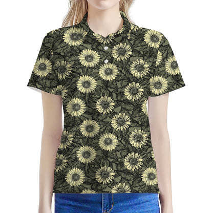 Dark Sunflower Pattern Print Women's Polo Shirt